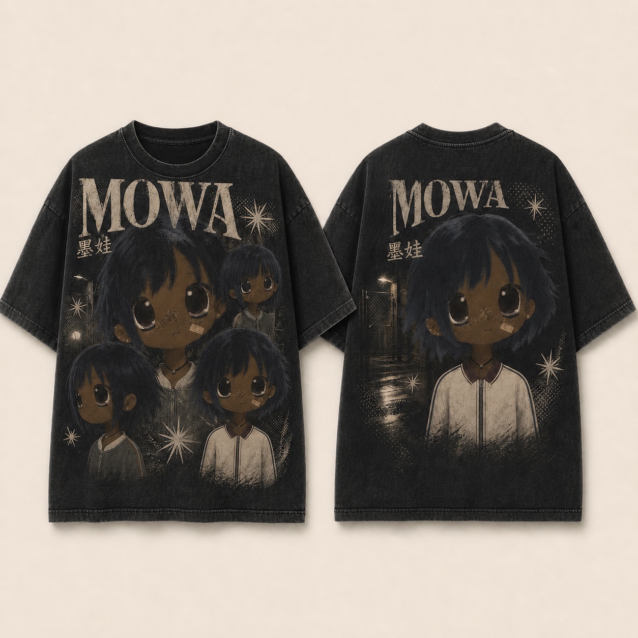 Washed black oversized MOWA After Hours rap tee shown front and back