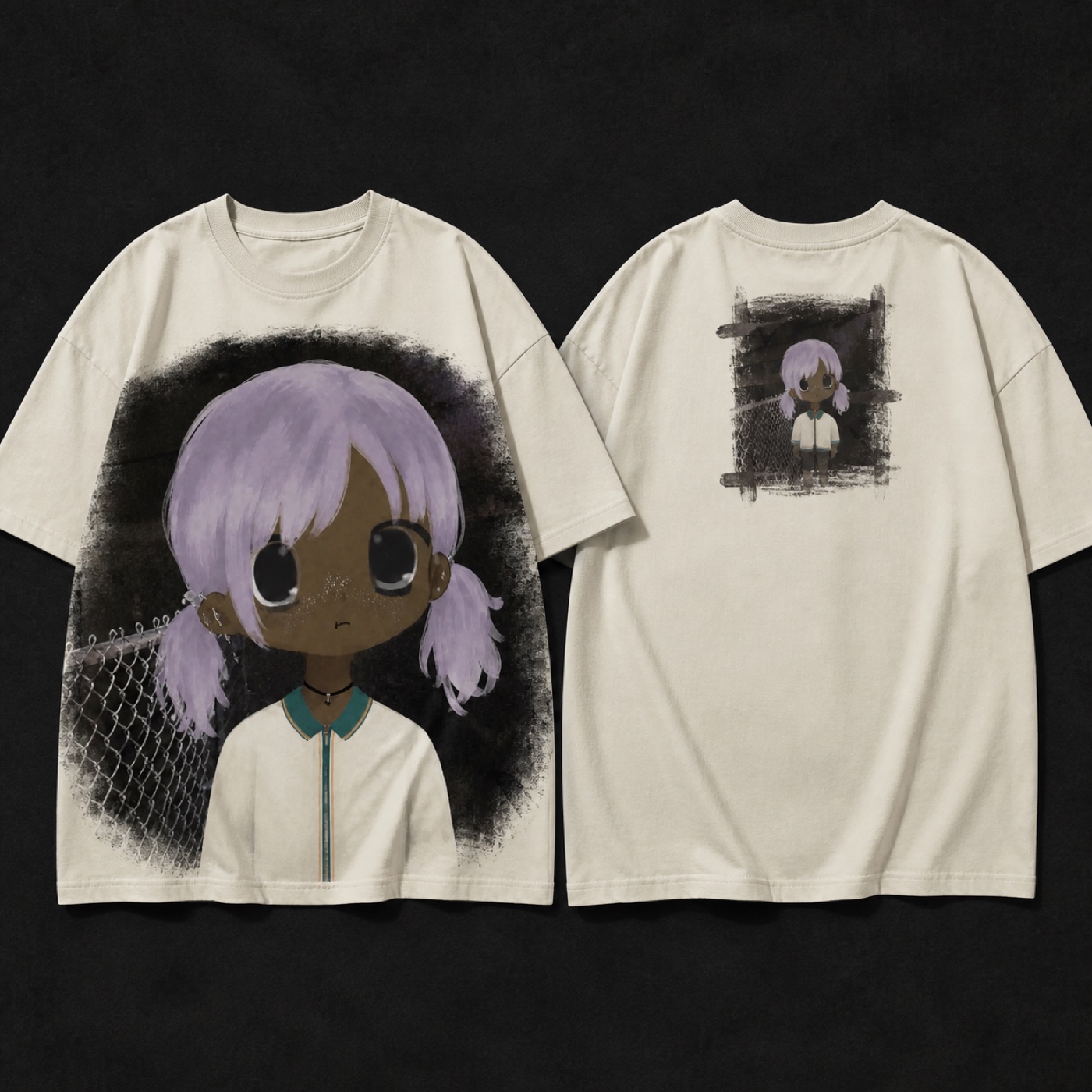 Bone white MOWA Lilac Fence oversized T-shirt shown front and back