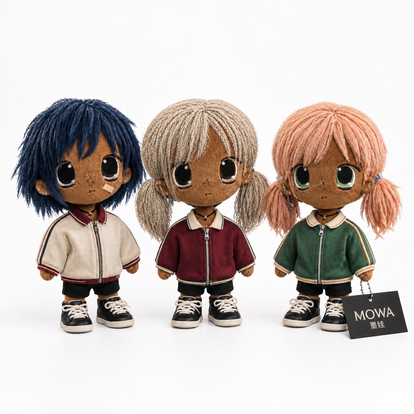 Three premium MOWA character plush dolls on a white product background