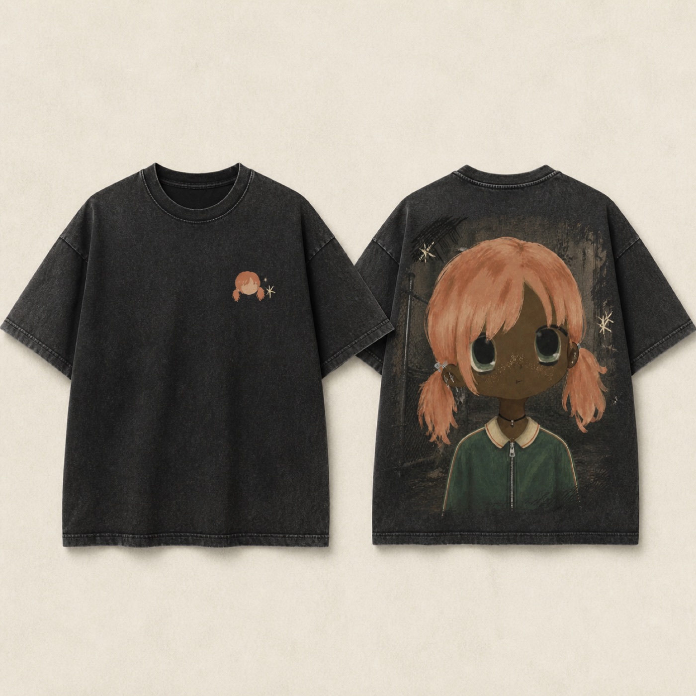 Washed black MOWA Peach Static oversized T-shirt shown front and back