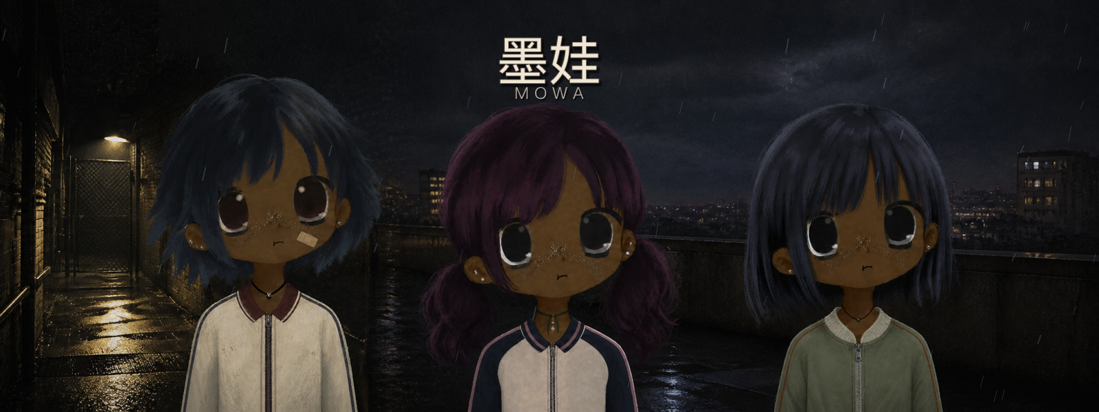 Three MOWA characters in a rainy city at night